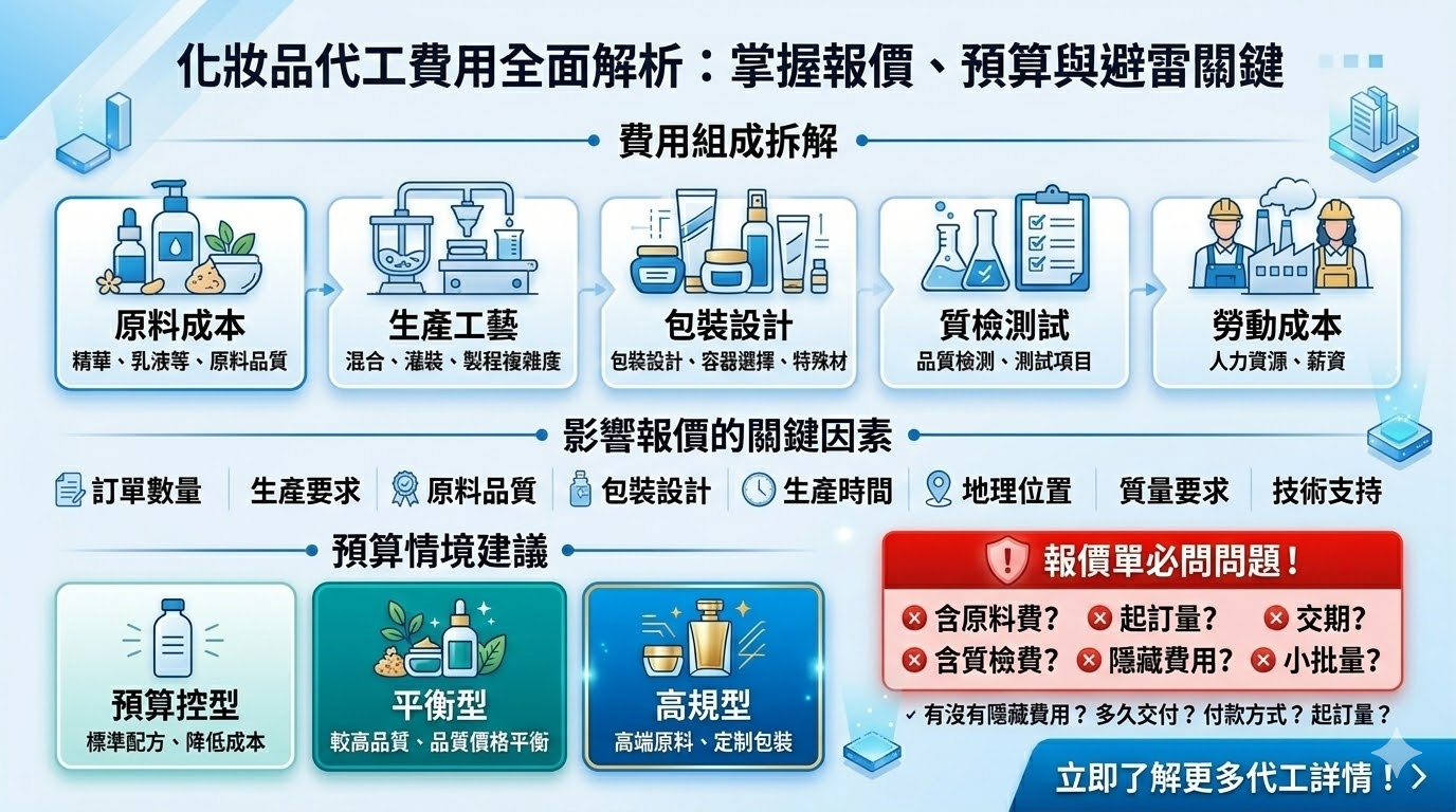 化妝品代工是指專業代工廠為品牌商提供化妝品的研發、生產和包裝服務。透過化妝品代工，品牌商可以將重心放在行銷和銷售，而將生產交由專業團隊處理。化妝品代工的服務範圍包括原料選擇、配方開發、包裝設計等，並且根據品牌需求提供量身定制的解決方案。選擇優質的化妝品代工廠對於品牌的成功至關重要，因為它直接影響到產品品質和市場競爭力。