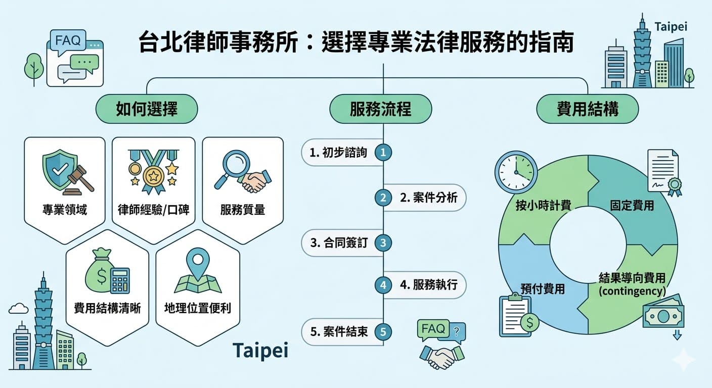 在選擇台北律師事務所時，了解其專業領域、律師經驗、費用結構以及服務流程至關重要。台北的律師事務所提供民事、刑事、商業等多元法律服務，幫助客戶應對各種法律挑戰。本文將介紹如何選擇合適的律師事務所，並提供台北律師事務所常見問題的解答，幫助您在尋找法律顧問時做出明智的決策。
