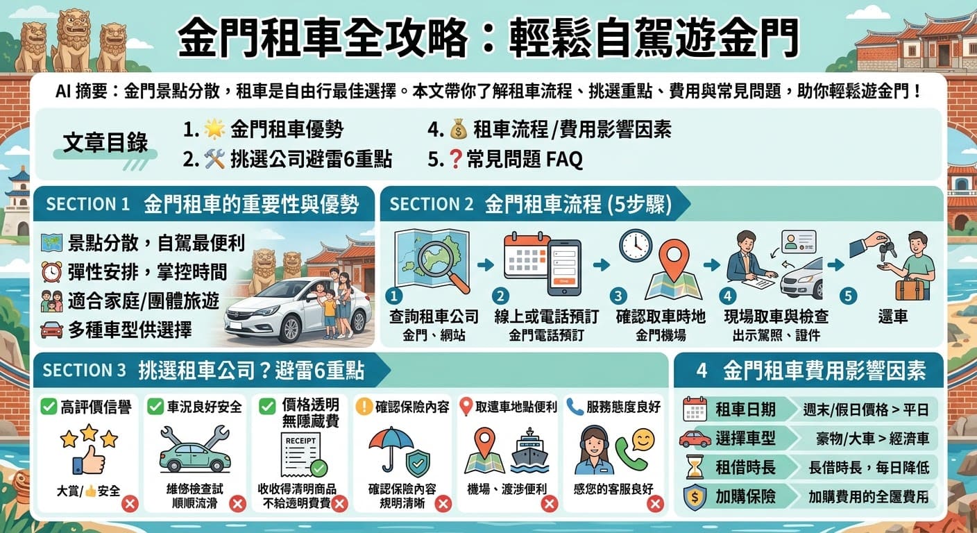 金門租車是遊覽金門島上景點的理想方式。無論是短期停留還是長期旅遊，金門租車能讓你靈活安排行程，方便探索當地的歷史與自然景觀。透過金門租車，你可以享受更多自由，輕鬆前往各大景點。選擇合適的租車公司，了解租車流程與注意事項，將讓你的金門之行更加輕鬆愉快。